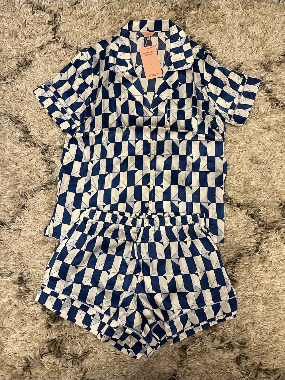 Inez Washable Silk Printed Short PJ Set. Blue. White. Size xs. New.